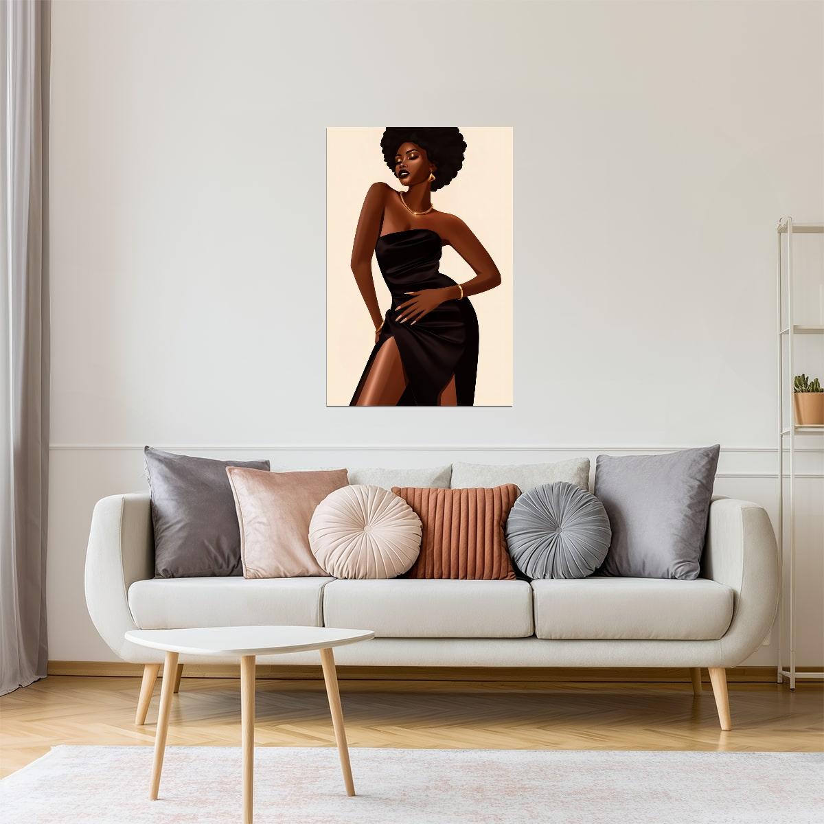 Black Woman in Elegant Black Dress | Glamorous Fashion Illustration | Wall Art Print Poster