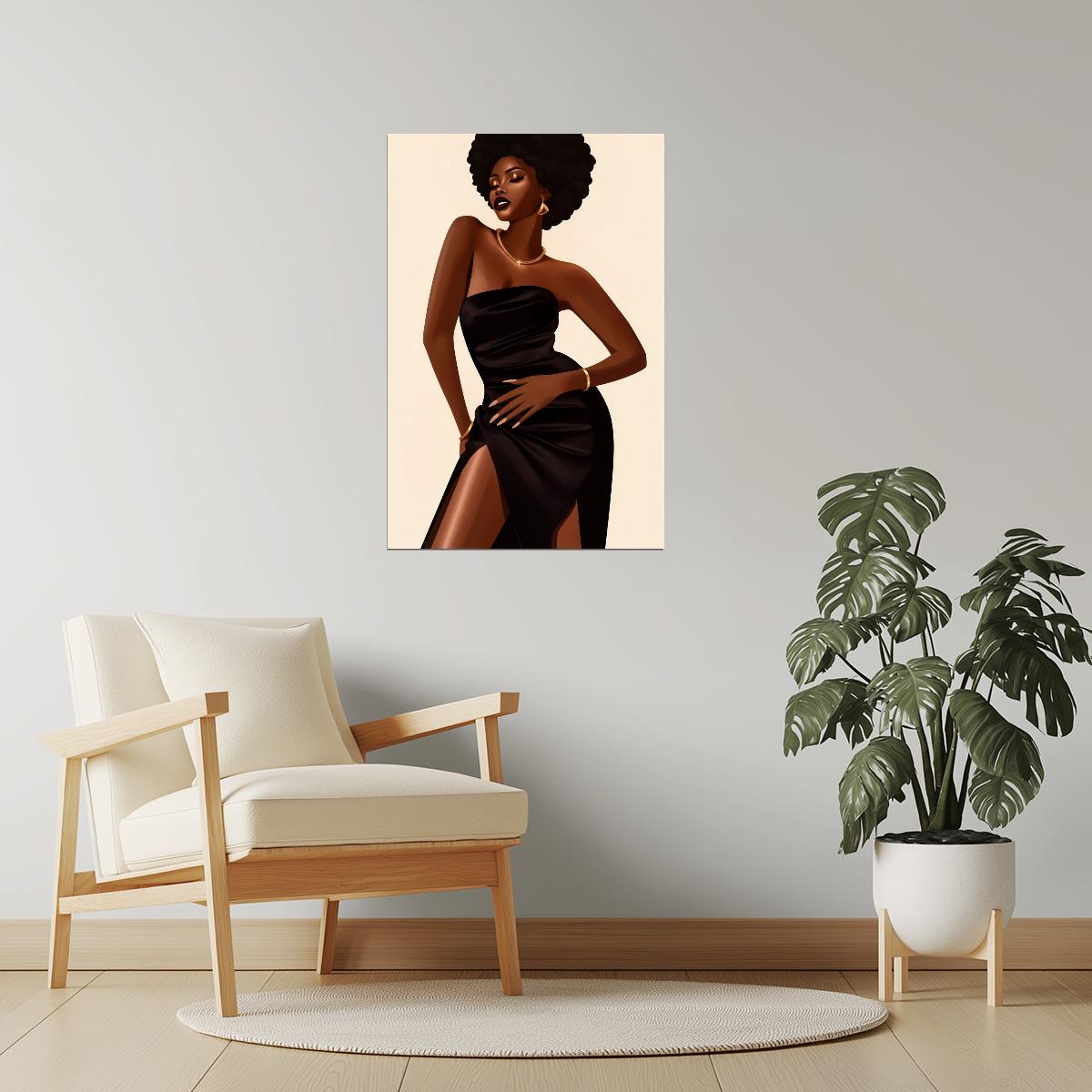 Black Woman in Elegant Black Dress | Glamorous Fashion Illustration | Wall Art Print Poster
