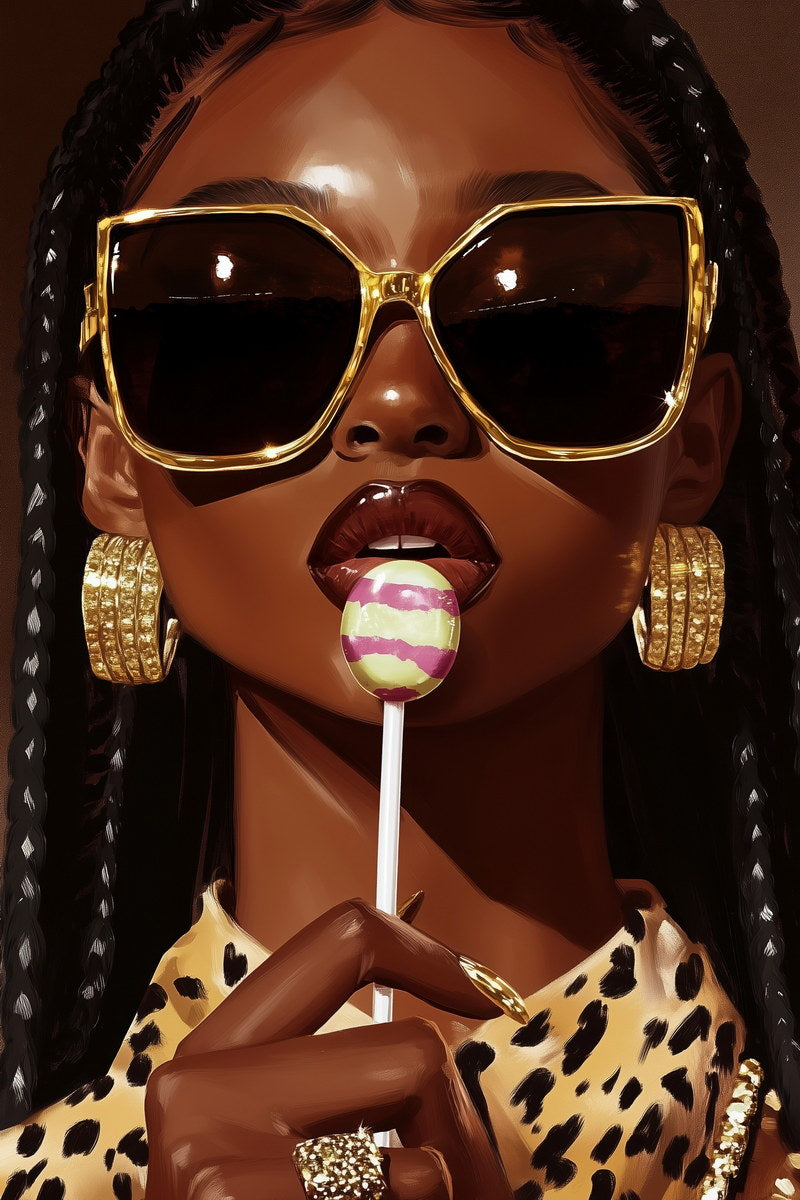Black Woman with Sunglasses and Lollipop | Bold Pop Art Portrait | Wall Art Print Poster
