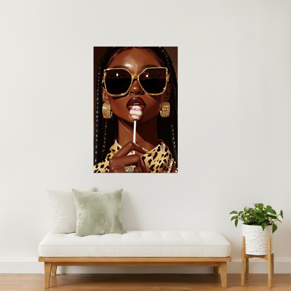 Black Woman with Sunglasses and Lollipop | Bold Pop Art Portrait | Wall Art Print Poster