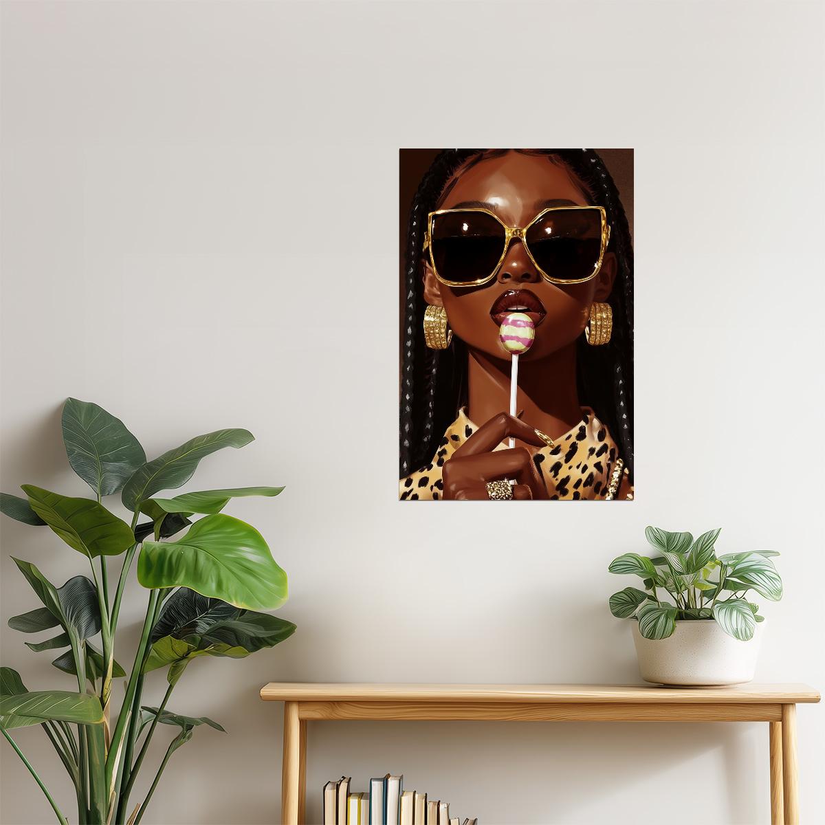Black Woman with Sunglasses and Lollipop | Bold Pop Art Portrait | Wall Art Print Poster