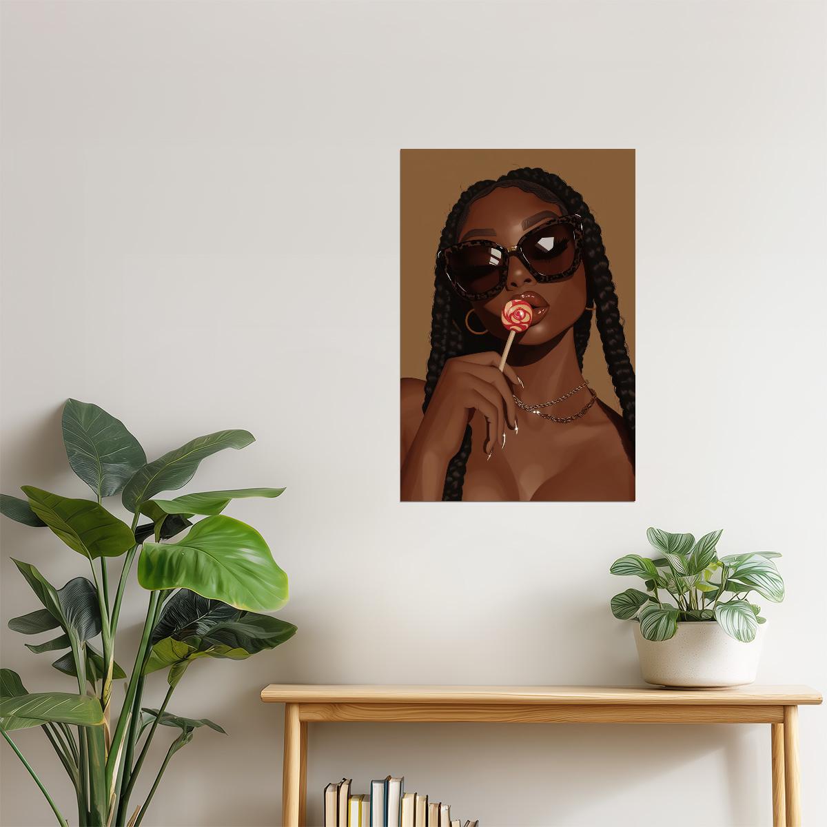 Stylish Woman with Braids and Lollipop | Sassy Contemporary Art | Wall Decor Poster