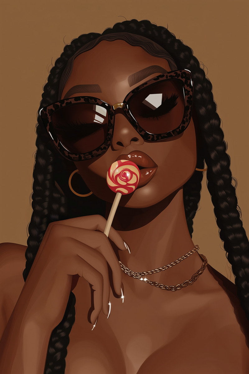 Stylish Woman with Braids and Lollipop | Sassy Contemporary Art | Wall Decor Poster