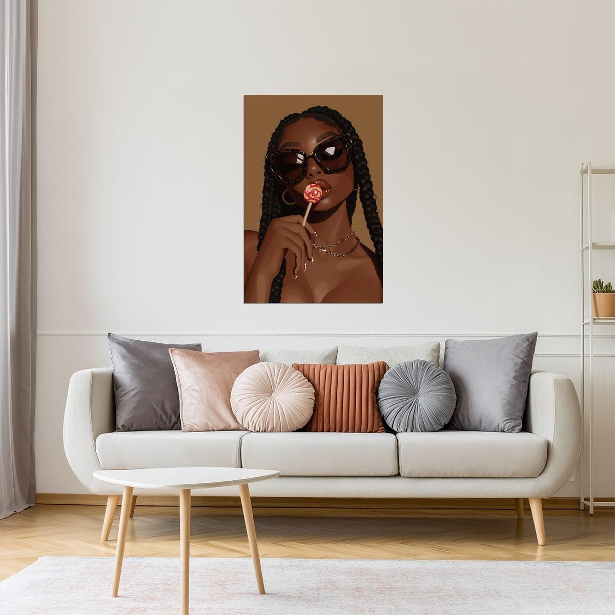 Stylish Woman with Braids and Lollipop | Sassy Contemporary Art | Wall Decor Poster