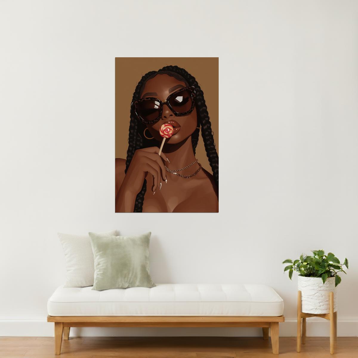 Stylish Woman with Braids and Lollipop | Sassy Contemporary Art | Wall Decor Poster