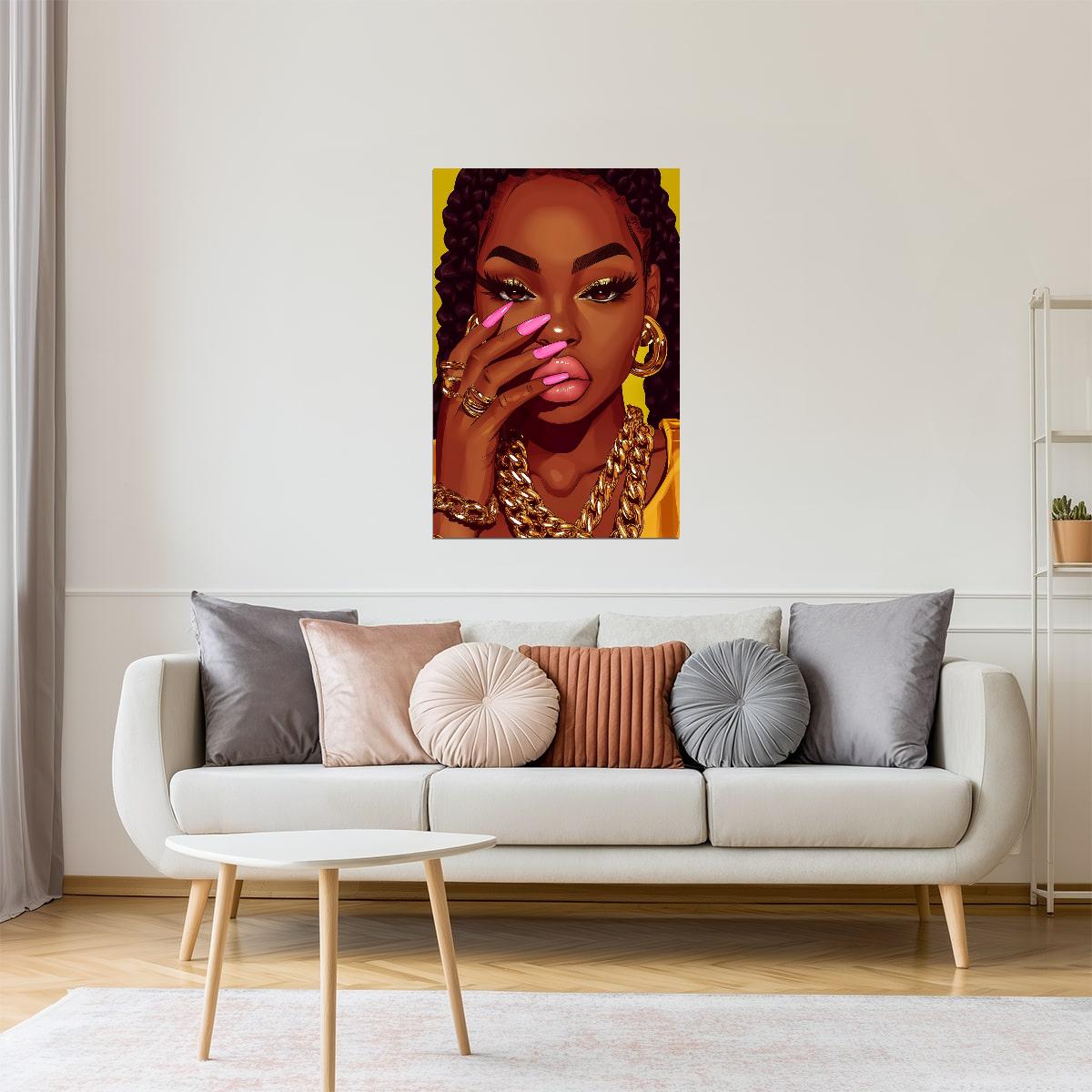 Melanin Queen with Pink Nails | Fierce Digital Illustration | Wall Art Print Poster