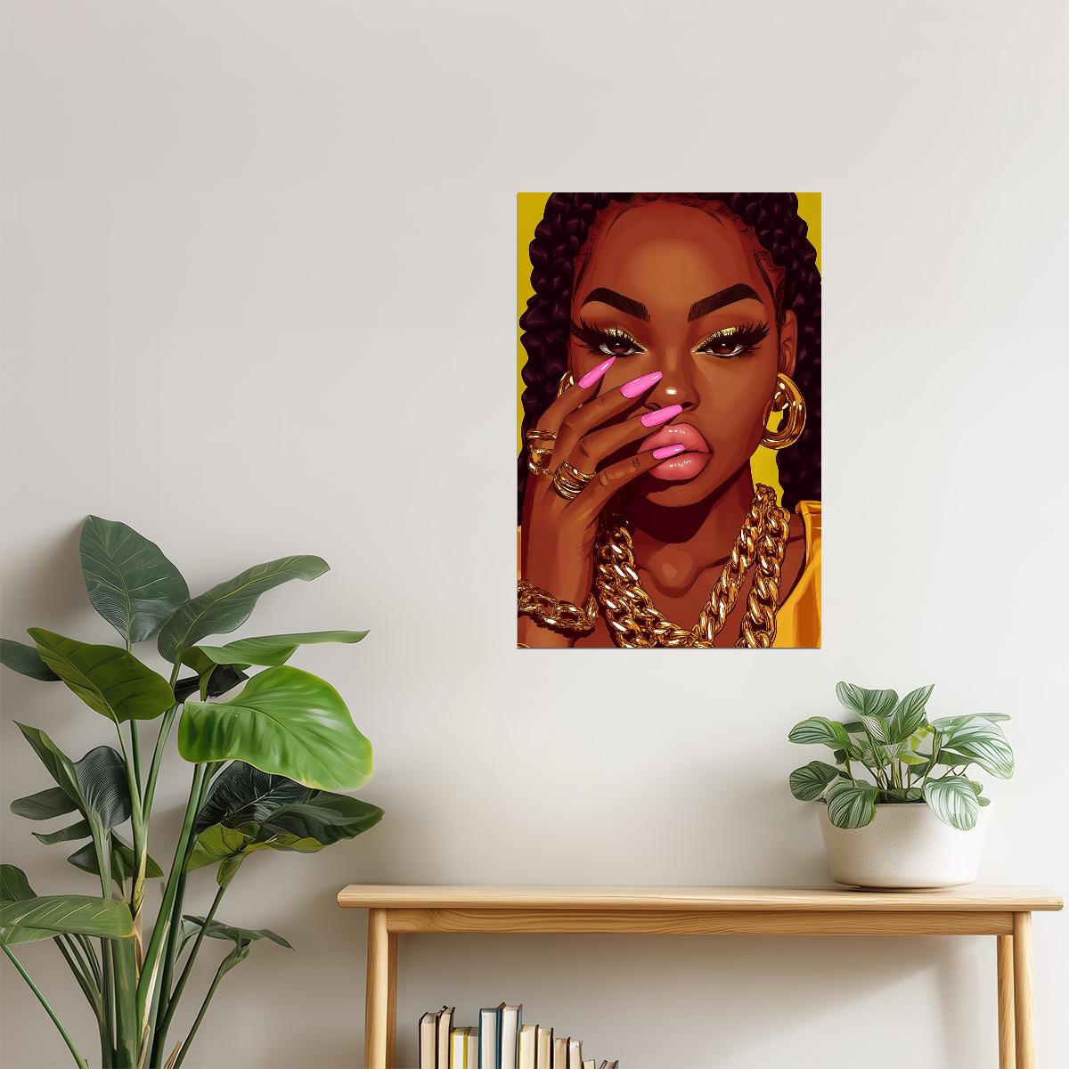 Melanin Queen with Pink Nails | Fierce Digital Illustration | Wall Art Print Poster