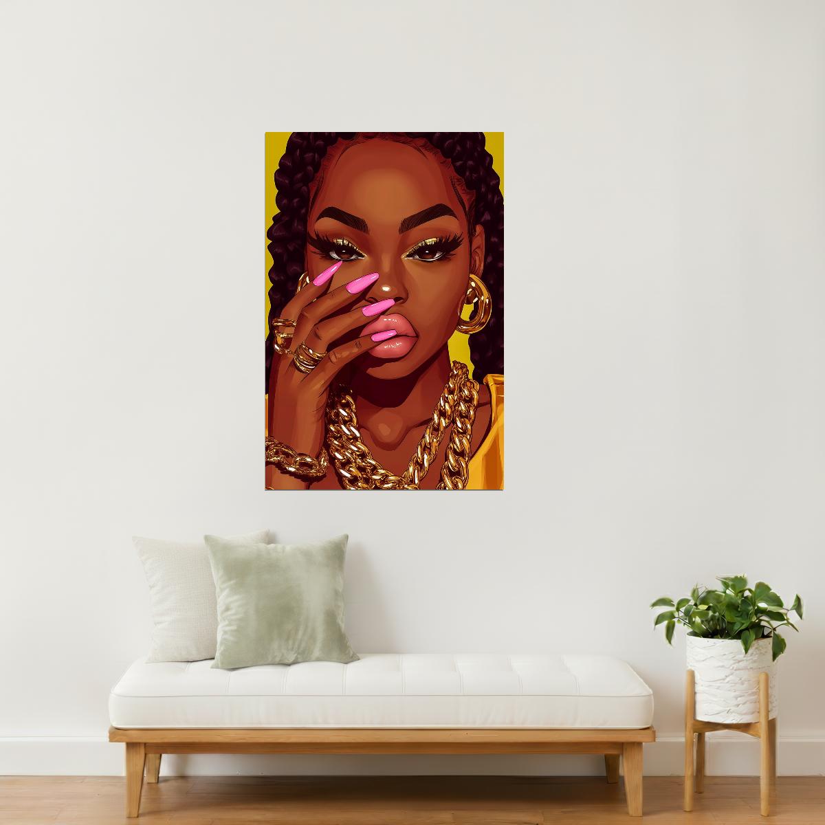 Melanin Queen with Pink Nails | Fierce Digital Illustration | Wall Art Print Poster