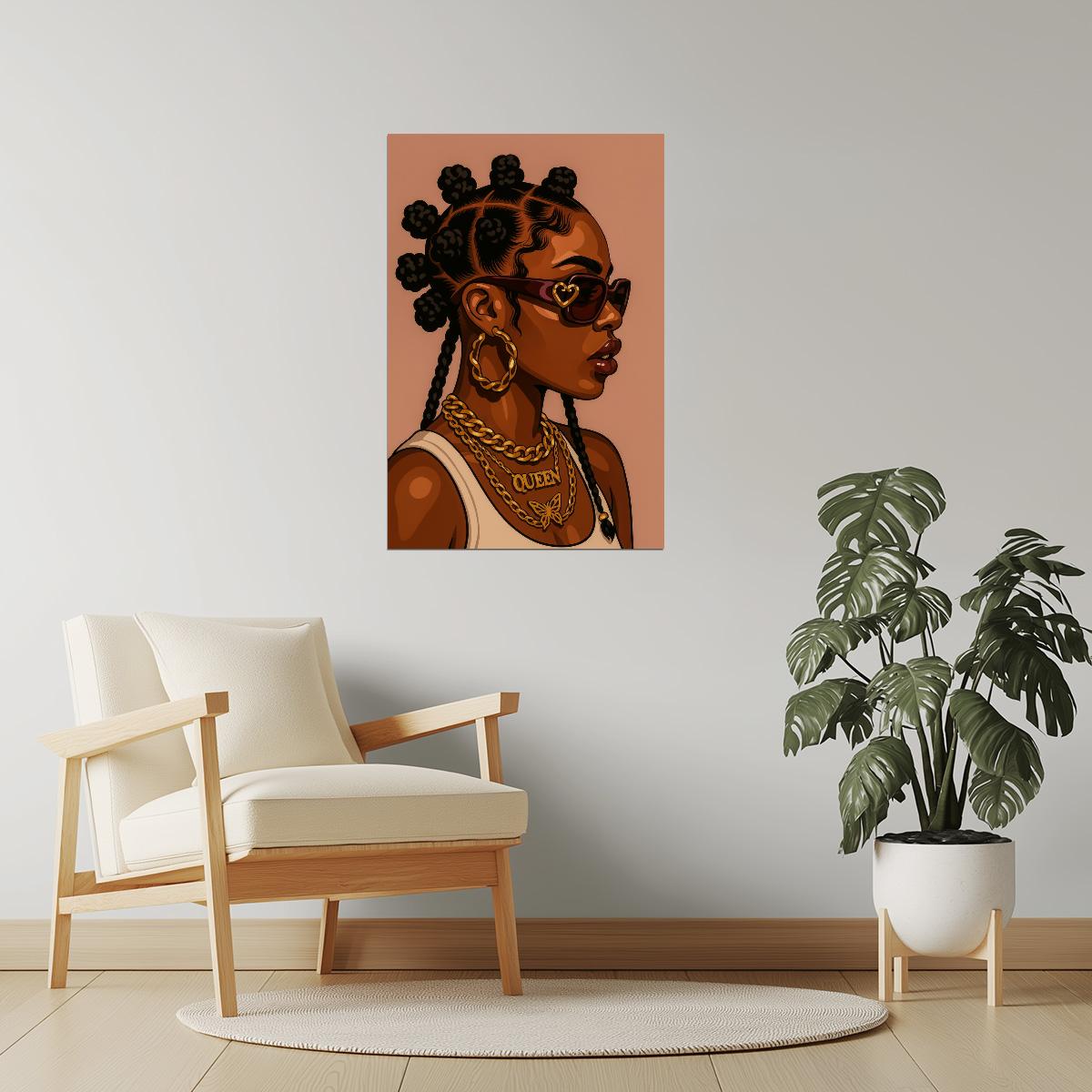 Black Queen with Bantu Knots and Shades | Bold Afrocentric Art | Wall Art Print Poster
