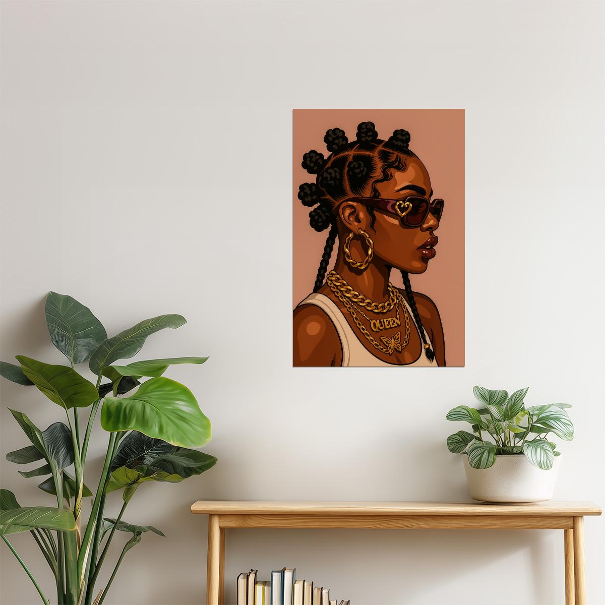 Black Queen with Bantu Knots and Shades | Bold Afrocentric Art | Wall Art Print Poster