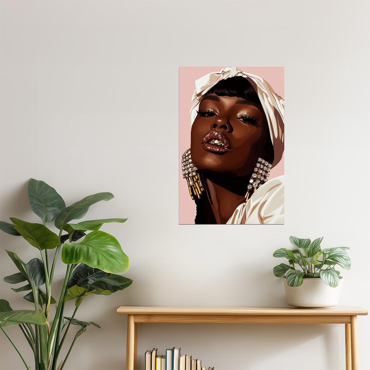 Grillz and White Headwrap | Chic Stylized Portrait | Black Woman Wall Decor Poster