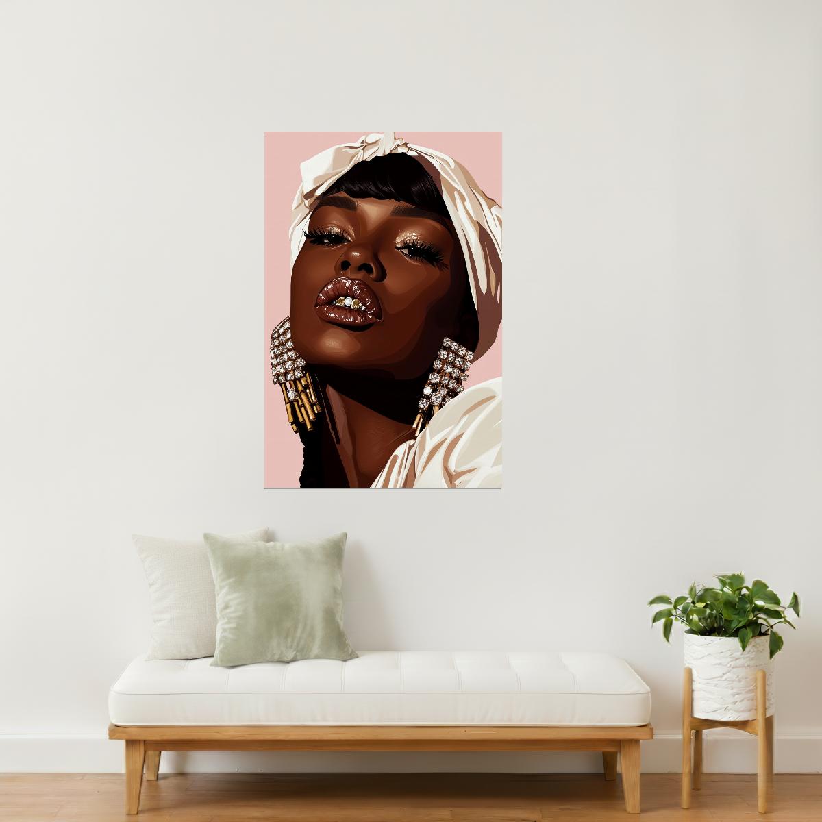 Grillz and White Headwrap | Chic Stylized Portrait | Black Woman Wall Decor Poster