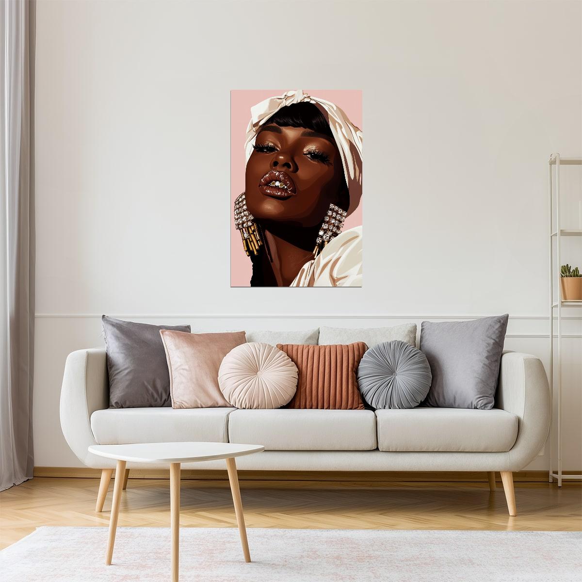 Grillz and White Headwrap | Chic Stylized Portrait | Black Woman Wall Decor Poster