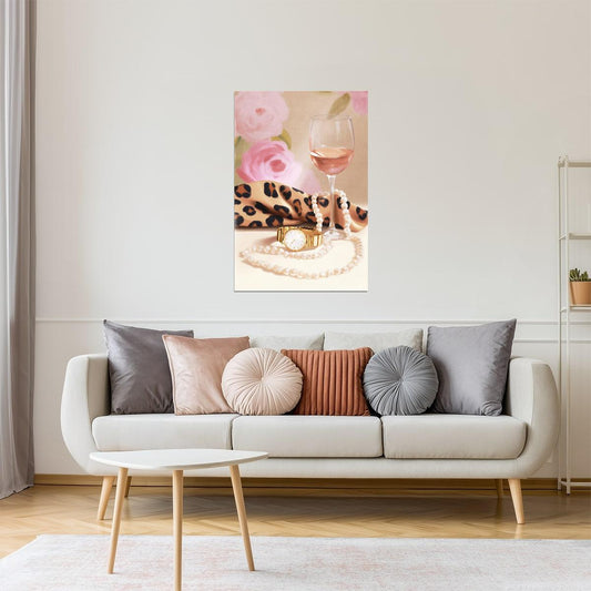 Rosé Wine and Leopard Print Scarf | Elegant Fashion Still Life | Wall Decor Poster