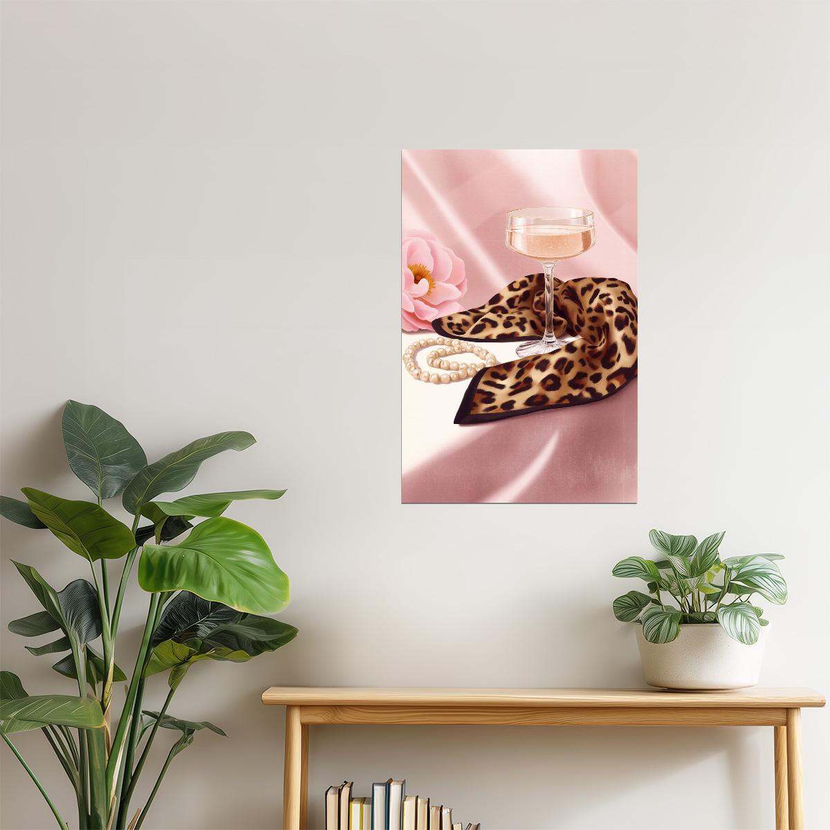Champagne Glass with Leopard Scarf | Glamorous Coquette Aesthetic | Wall Art Print Poster