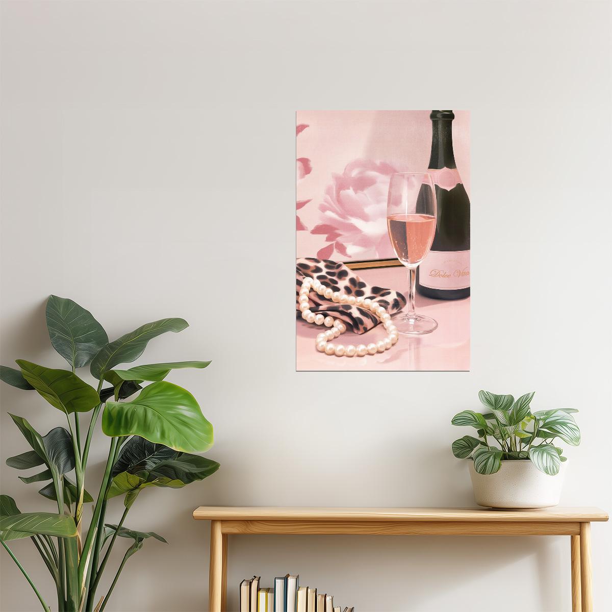 Champagne and Pearls with Bottle | Chic Parisian Aesthetic | Wall Decor Poster