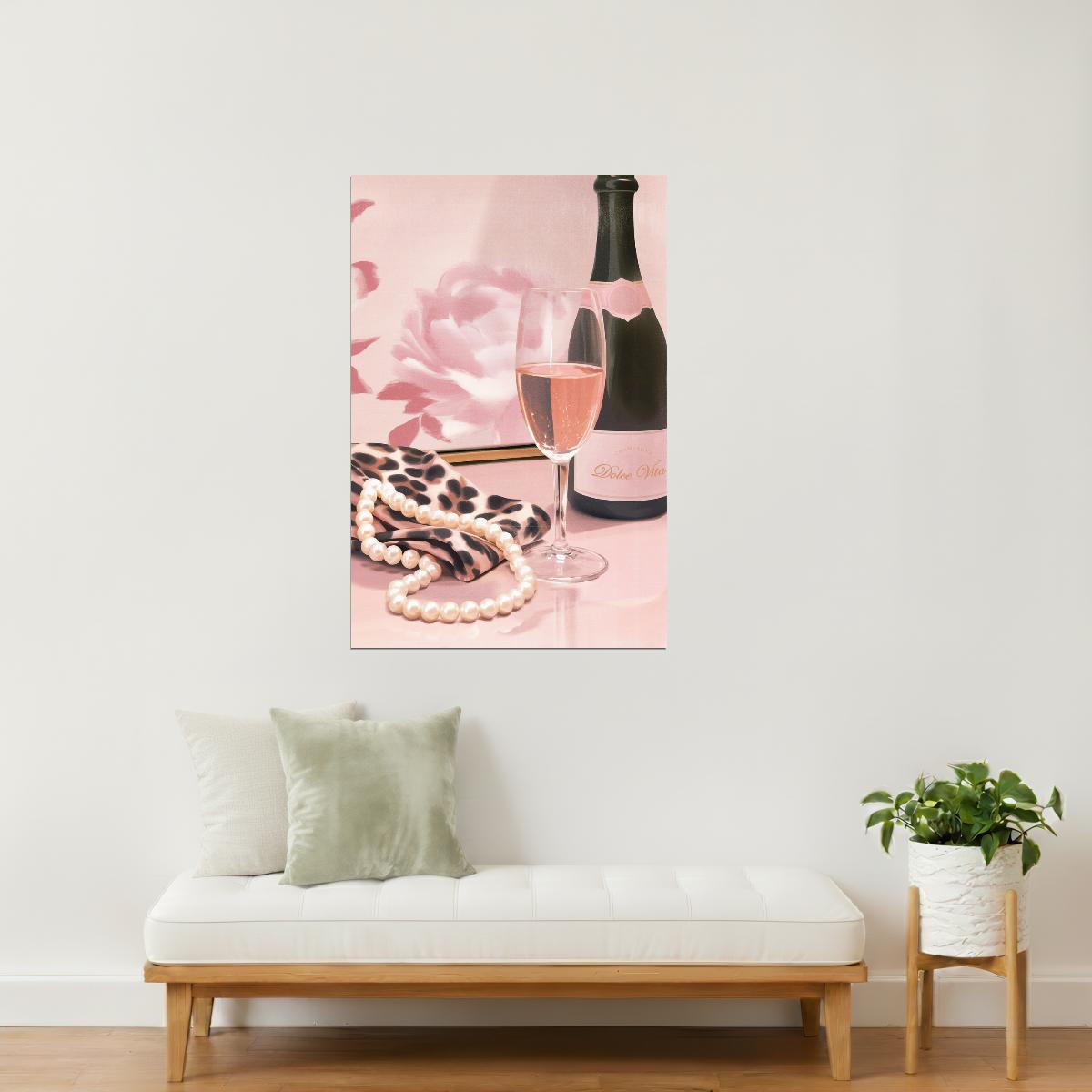 Champagne and Pearls with Bottle | Chic Parisian Aesthetic | Wall Decor Poster