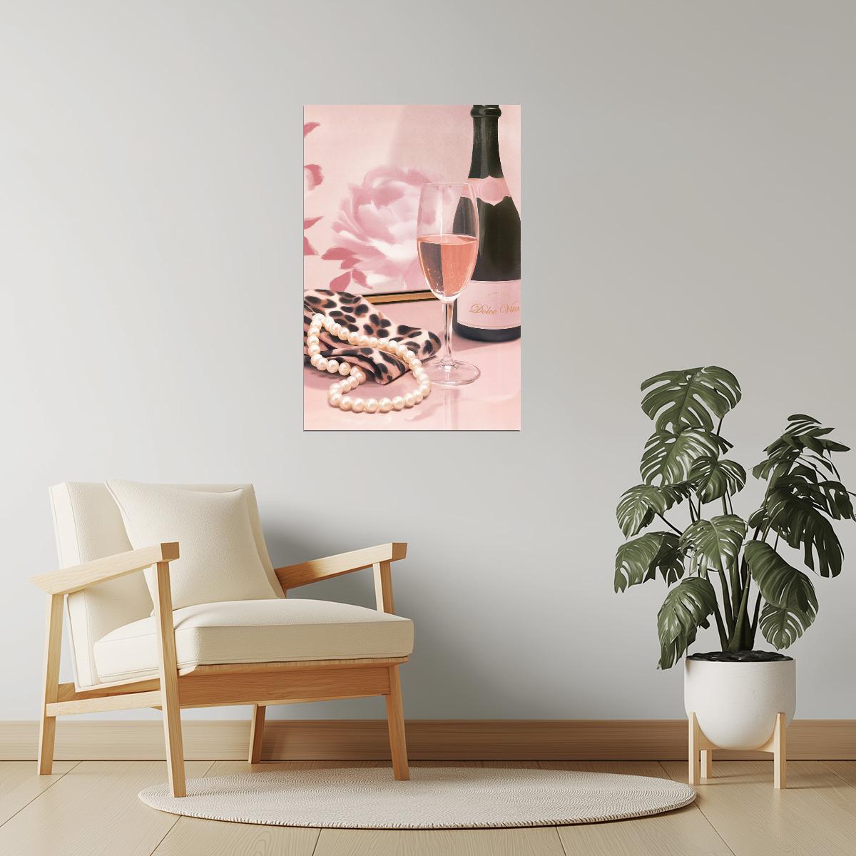 Champagne and Pearls with Bottle | Chic Parisian Aesthetic | Wall Decor Poster