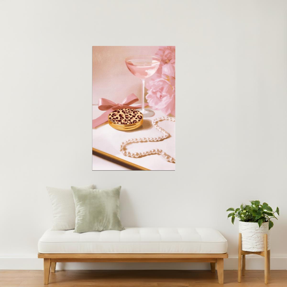 Pink Cocktail and Leopard Macaron | Playful Hyper-Feminine Still Life | Wall Art Print Poster