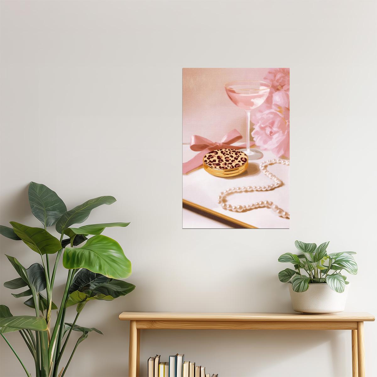 Pink Cocktail and Leopard Macaron | Playful Hyper-Feminine Still Life | Wall Art Print Poster
