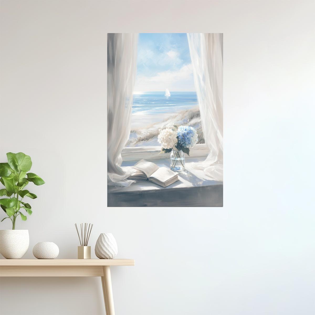 Ocean View with Flowers and Book | Coastal Granddaughter Bookish Aesthetic Poster