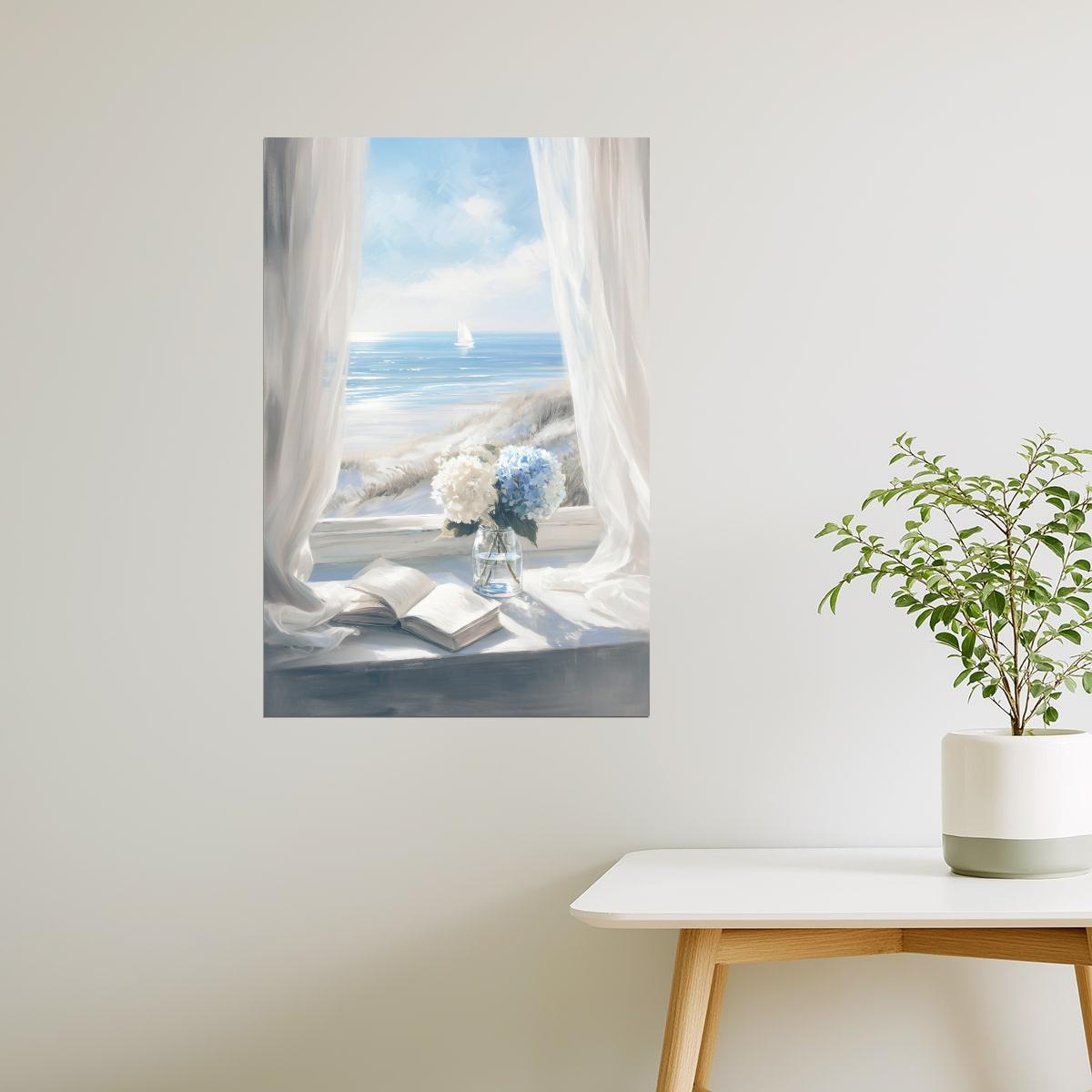Ocean View with Flowers and Book | Coastal Granddaughter Bookish Aesthetic Poster