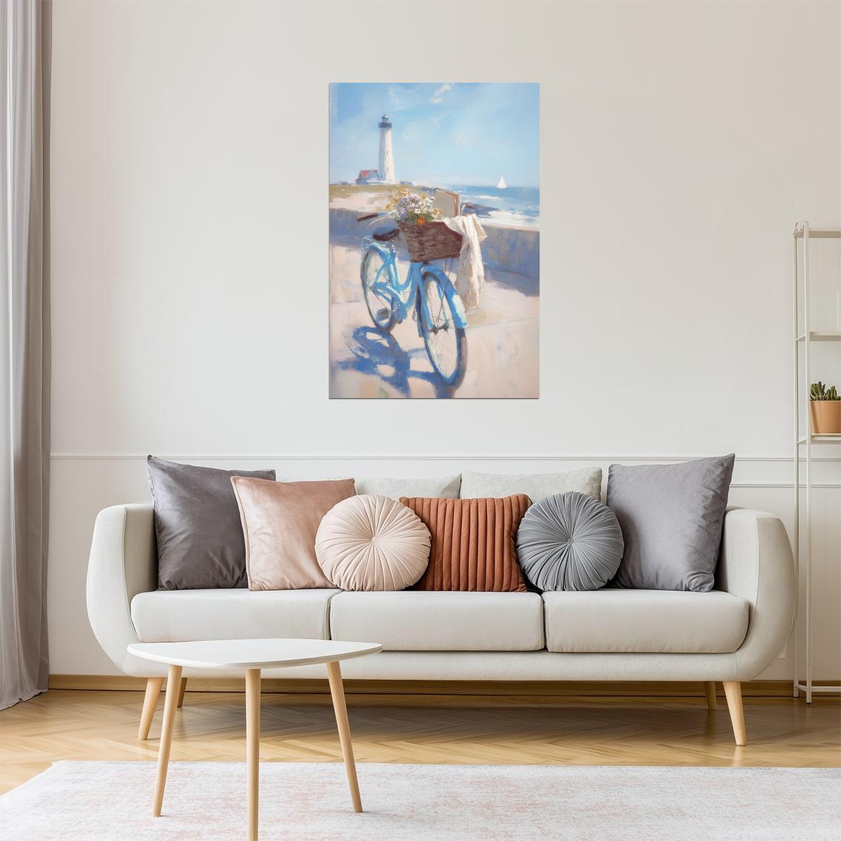 Lighthouse with Blue Bicycle and Flowers | Coastal Granddaughter Aesthetic Poster