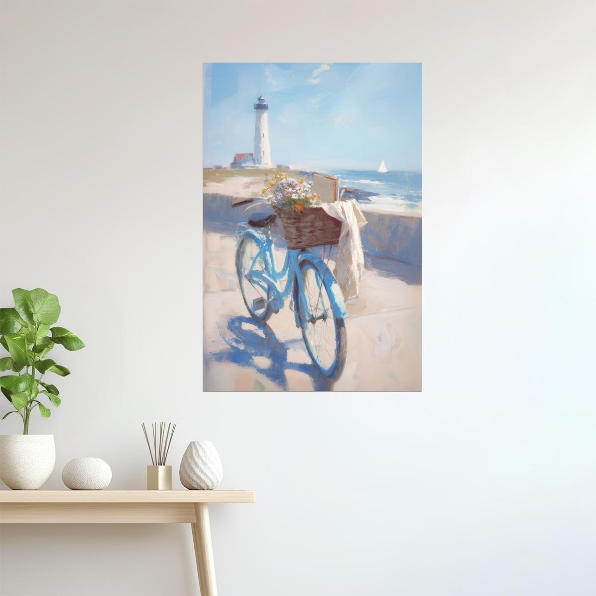 Lighthouse with Blue Bicycle and Flowers | Coastal Granddaughter Aesthetic Poster