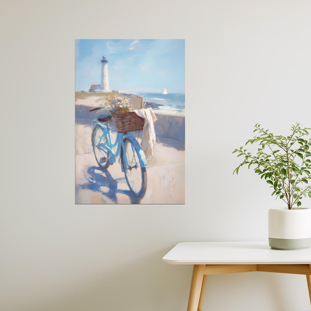 Lighthouse with Blue Bicycle and Flowers | Coastal Granddaughter Aesthetic Poster