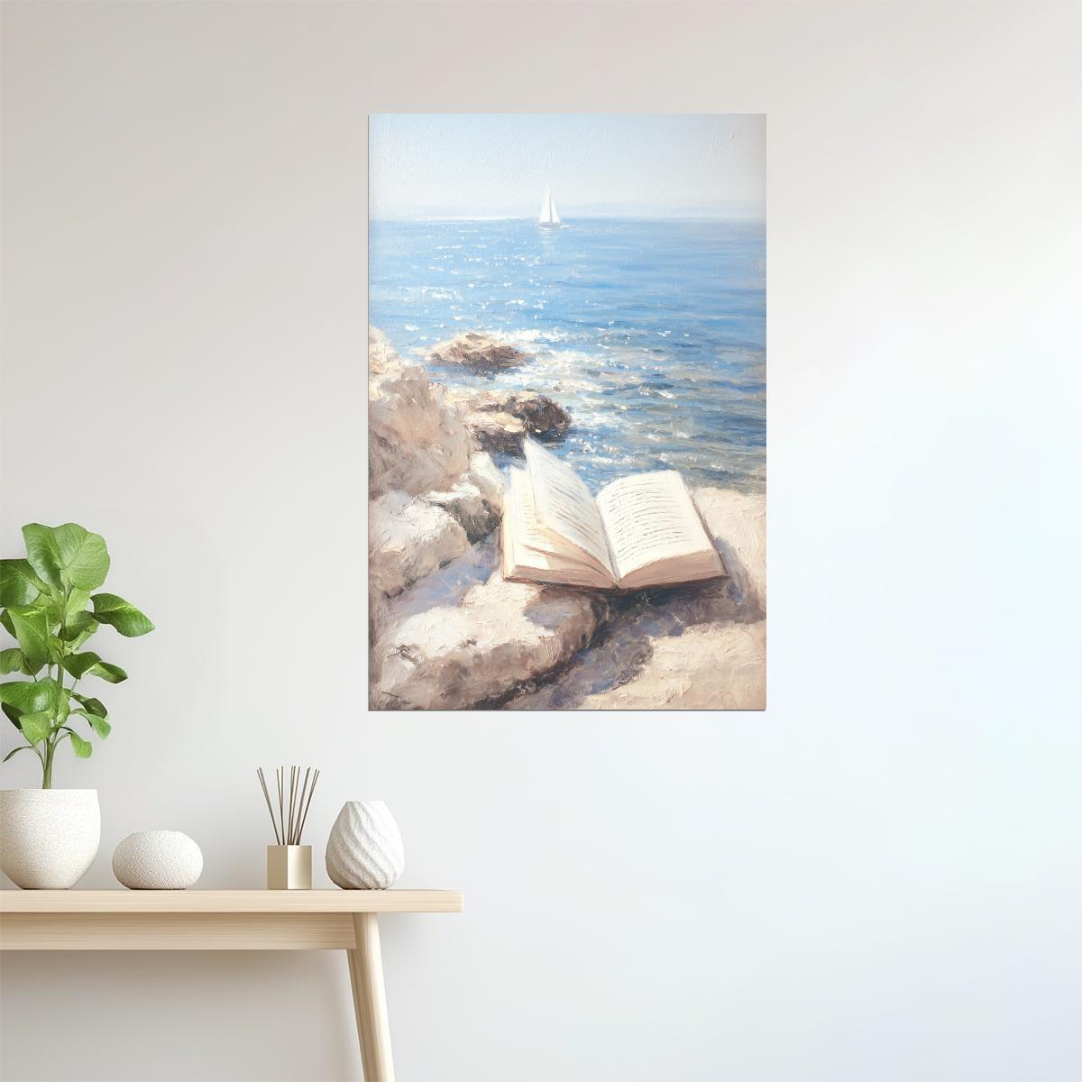 Open Book on Ocean Rocks | Coastal Granddaughter Bookish Aesthetic Poster
