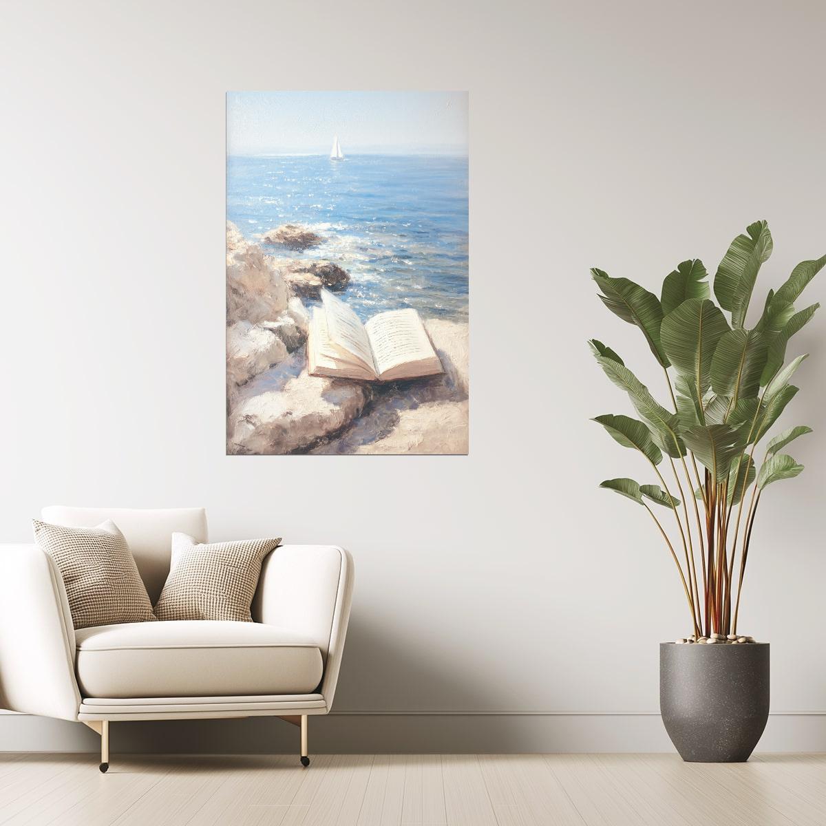 Open Book on Ocean Rocks | Coastal Granddaughter Bookish Aesthetic Poster