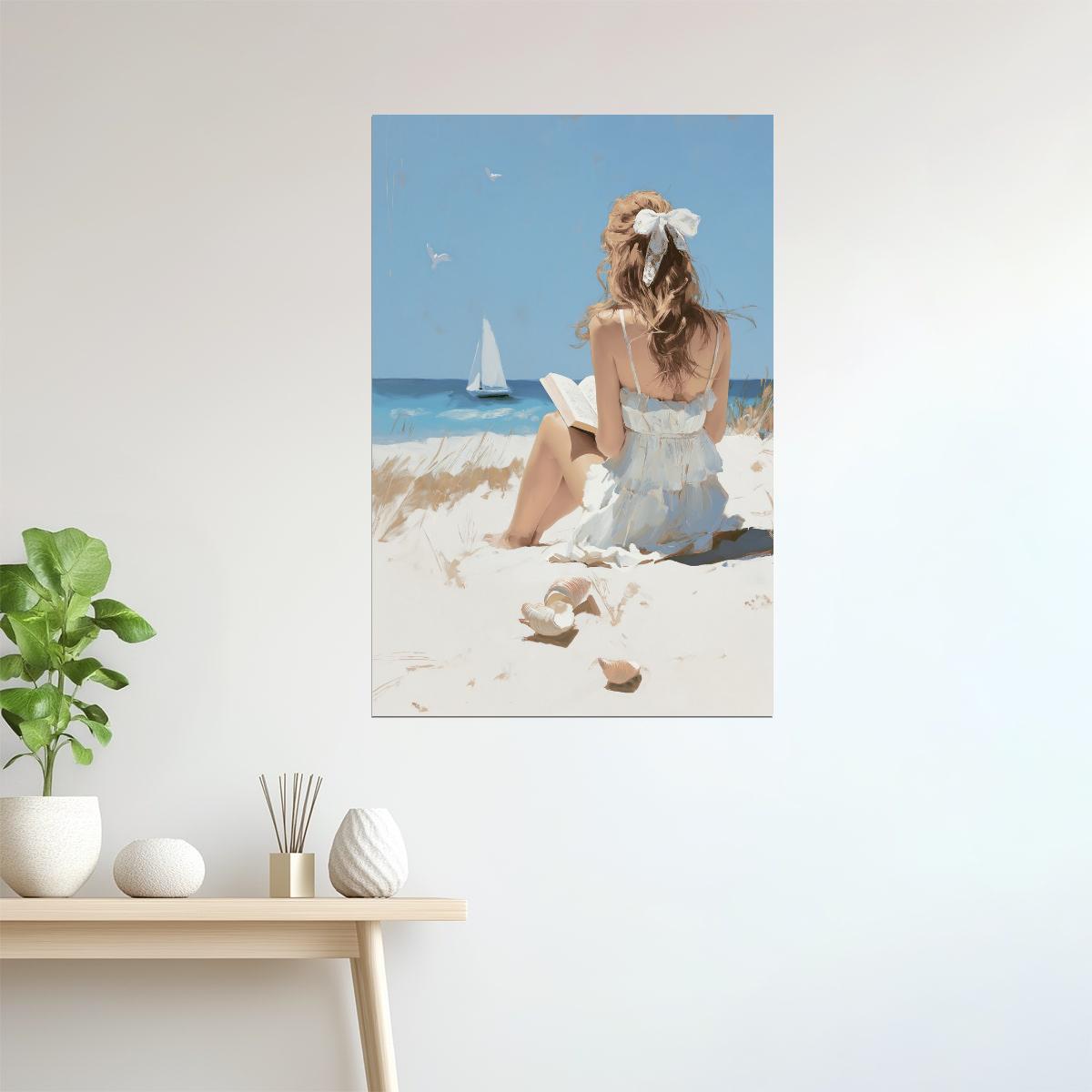 Girl Sitting on the Beach with Sailboat | Coastal Granddaughter Aesthetic Poster