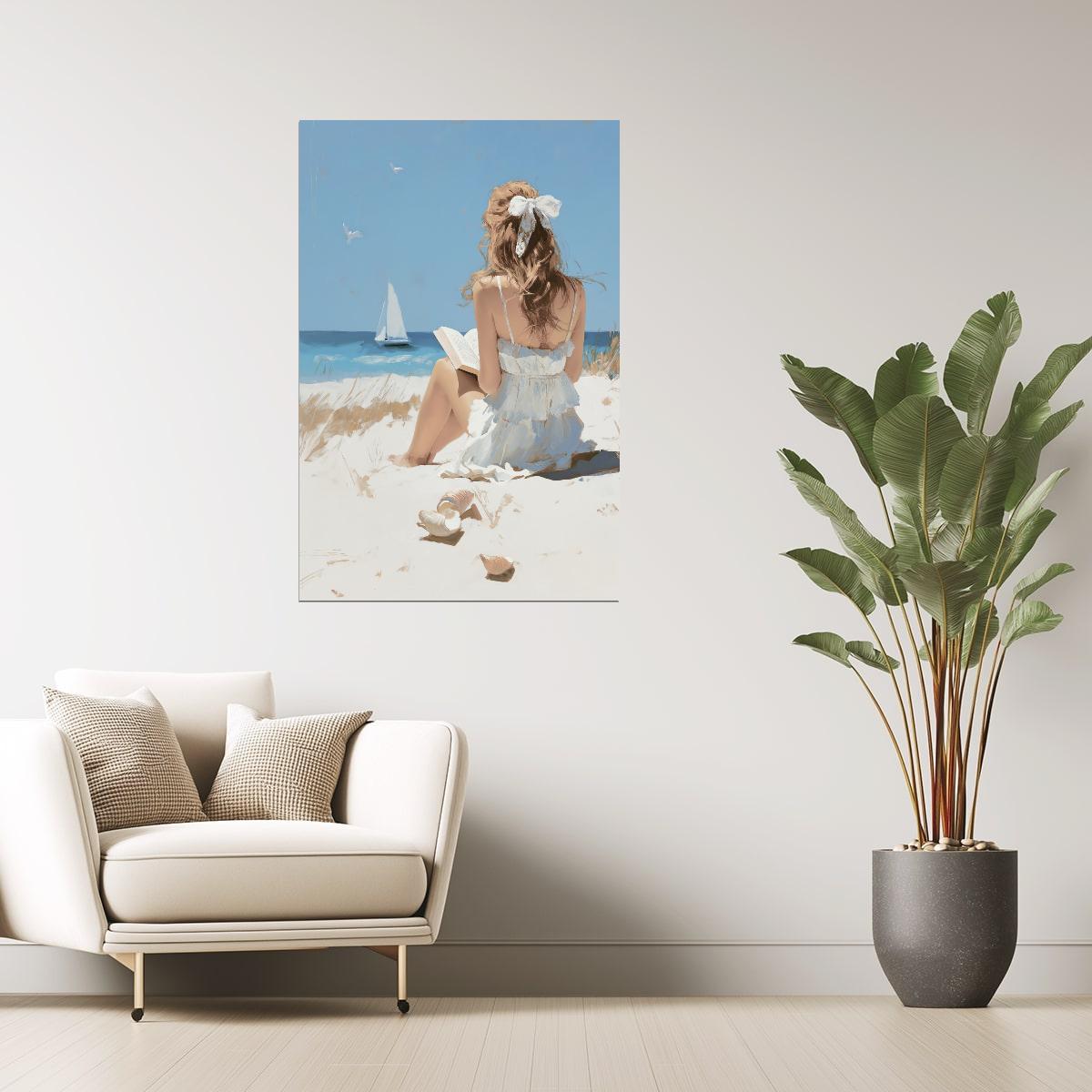 Girl Sitting on the Beach with Sailboat | Coastal Granddaughter Aesthetic Poster