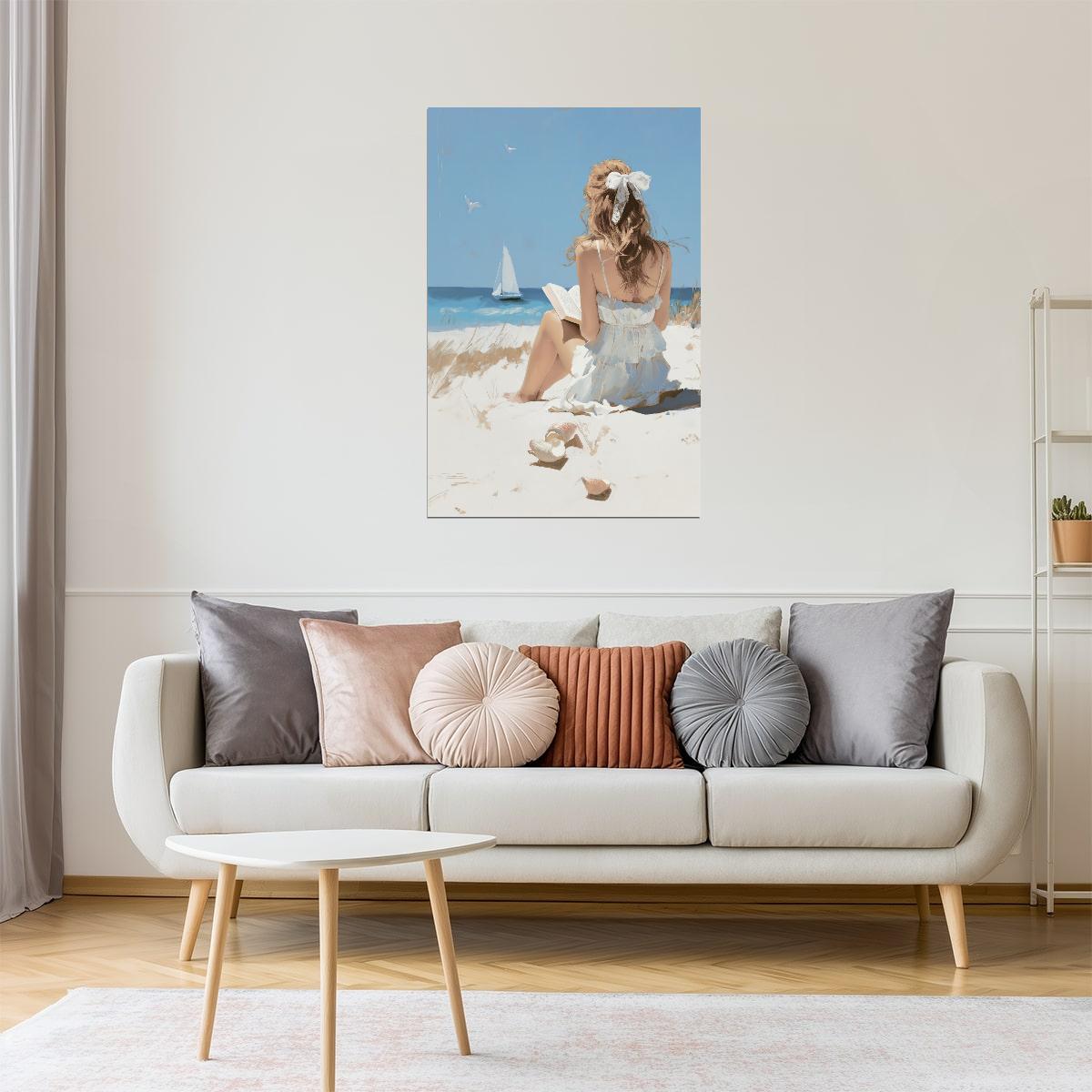 Girl Sitting on the Beach with Sailboat | Coastal Granddaughter Aesthetic Poster