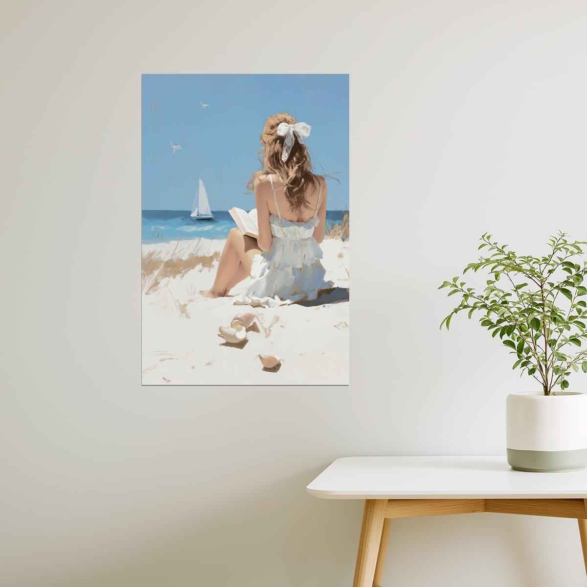 Girl Sitting on the Beach with Sailboat | Coastal Granddaughter Aesthetic Poster