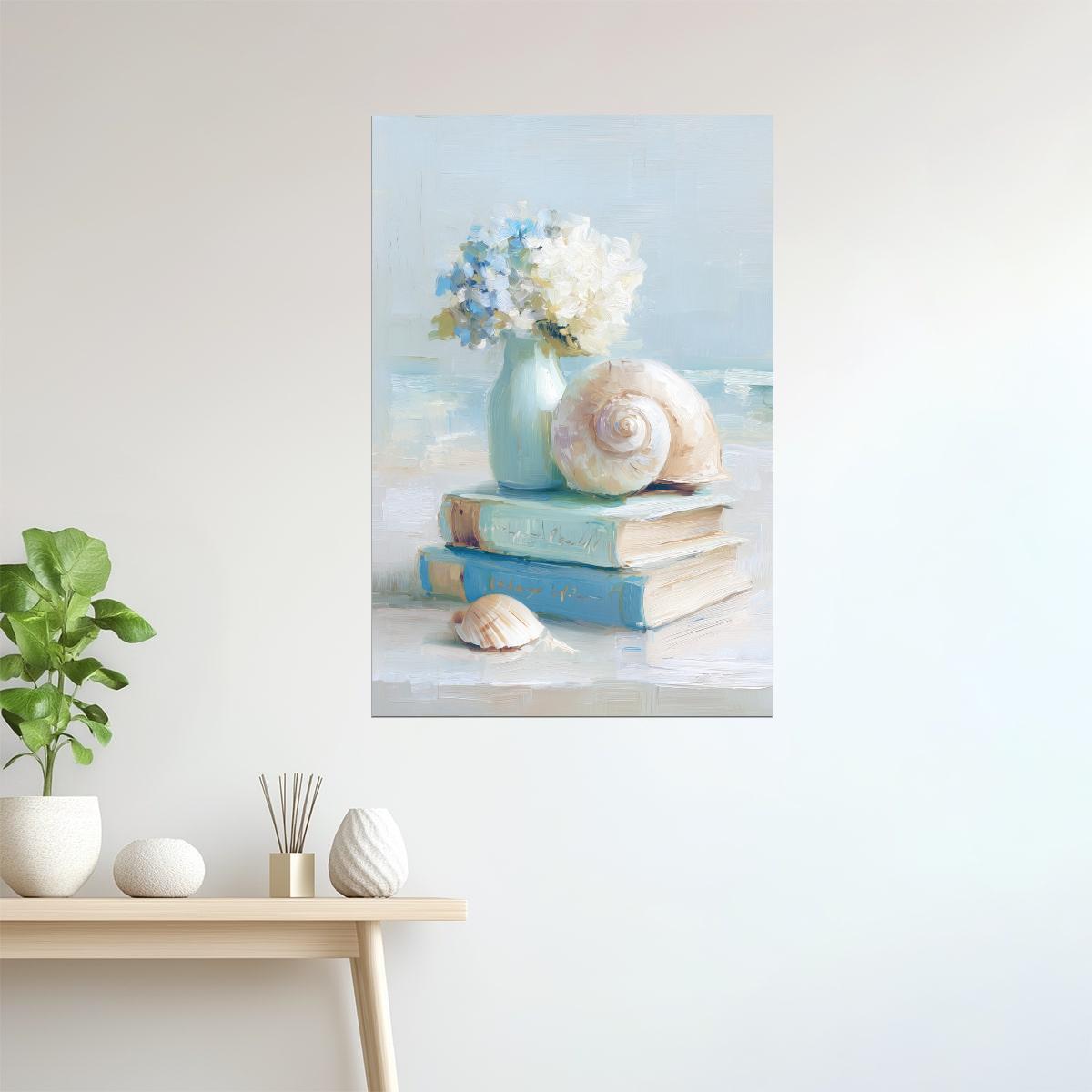 Still Life with Flowers, Books and Seashell | Coastal Granddaughter Bookish Aesthetic Poster