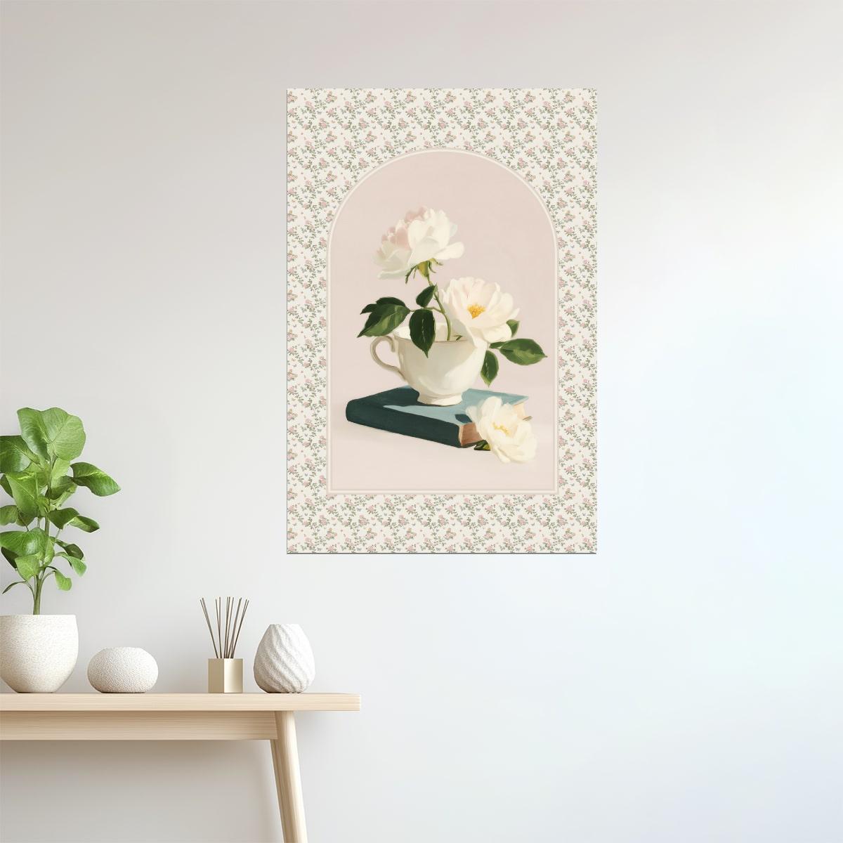 White Roses with Teacup and Book | Coastal Bookish Vintage Aesthetic Poster