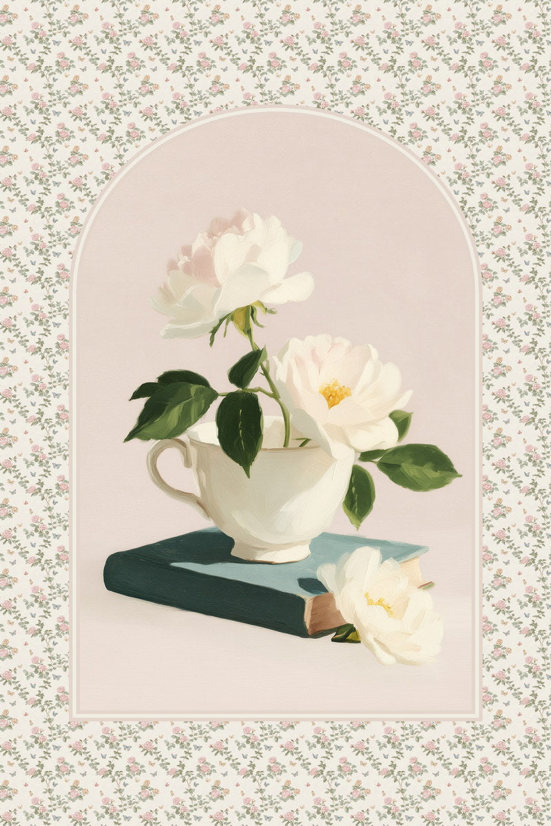 White Roses with Teacup and Book | Coastal Bookish Vintage Aesthetic Poster