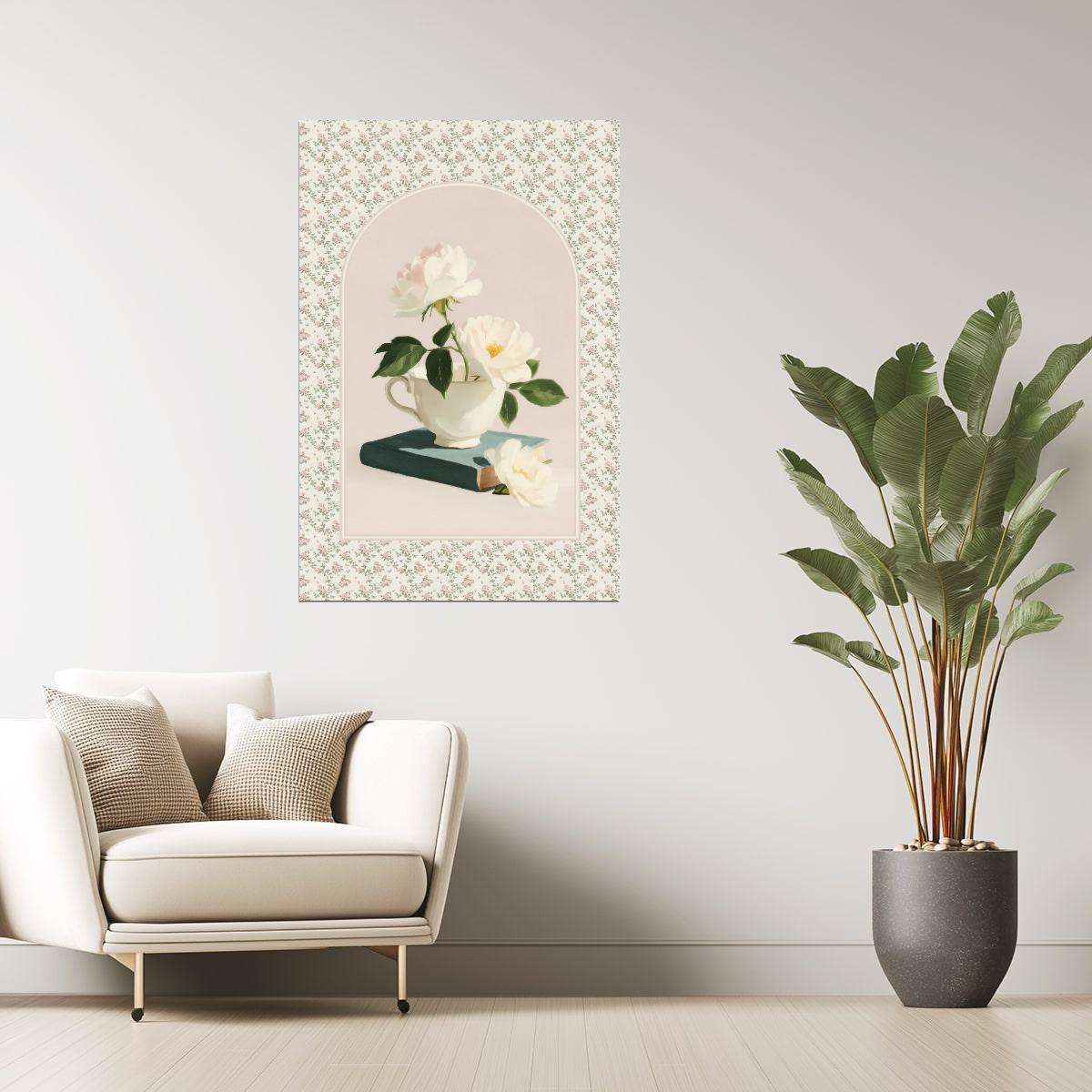 White Roses with Teacup and Book | Coastal Bookish Vintage Aesthetic Poster