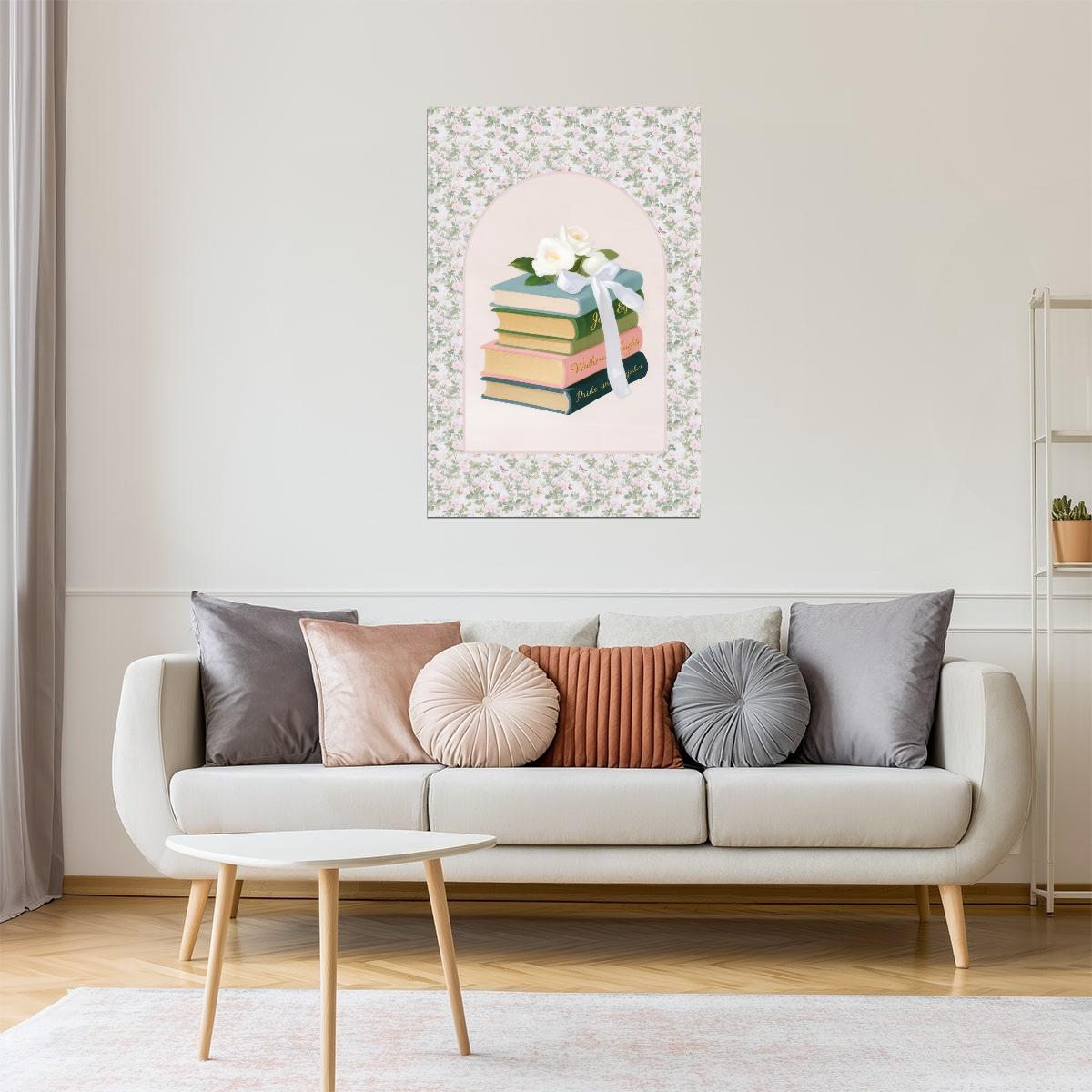 Stack of Classic Books with White Roses | Bookish Vintage Aesthetic Poster