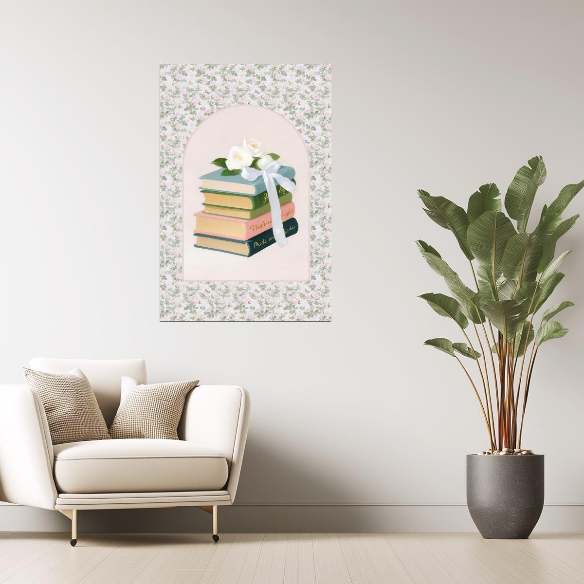 Stack of Classic Books with White Roses | Bookish Vintage Aesthetic Poster