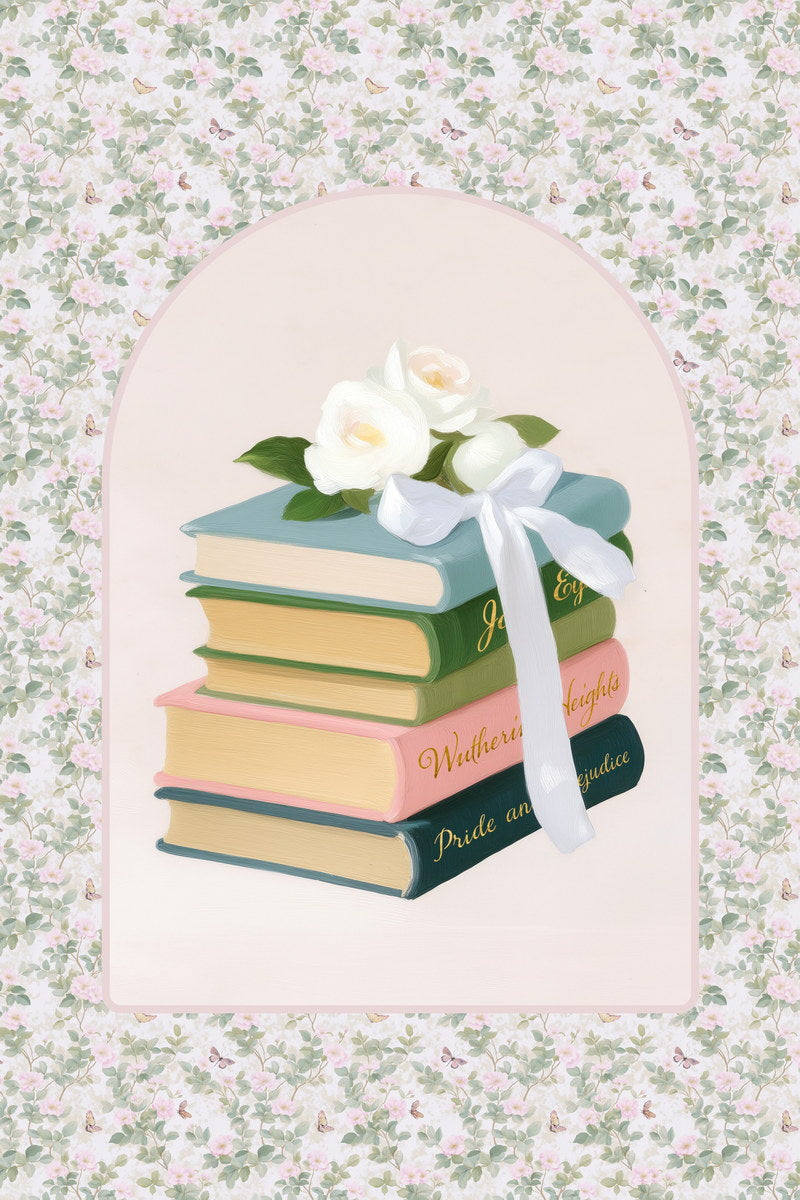 Stack of Classic Books with White Roses | Bookish Vintage Aesthetic Poster