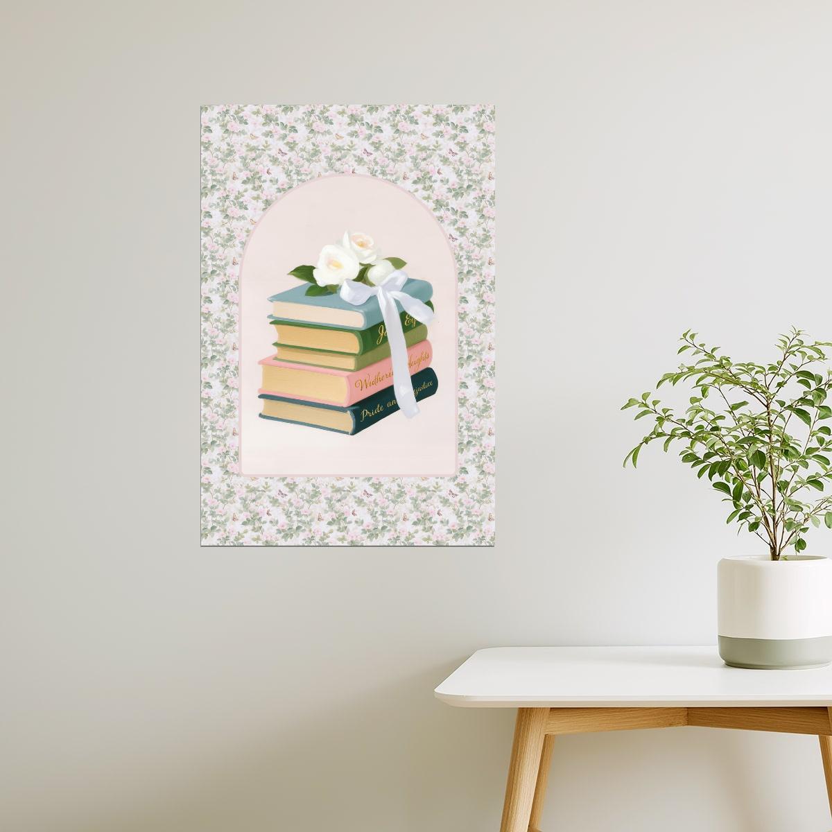 Stack of Classic Books with White Roses | Bookish Vintage Aesthetic Poster