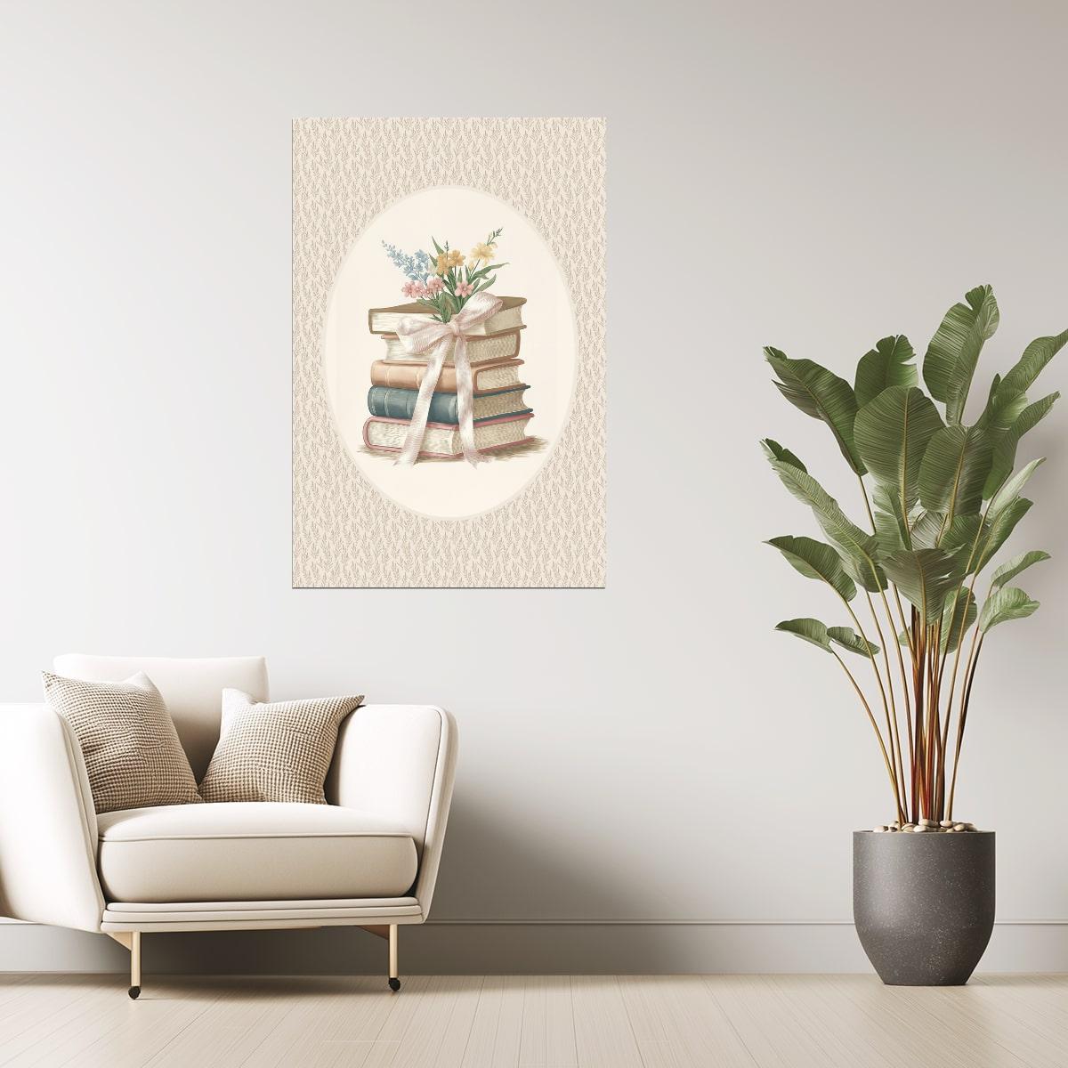 Vintage Book Stack with Wildflowers and Ribbon | Bookish Floral Aesthetic Poster