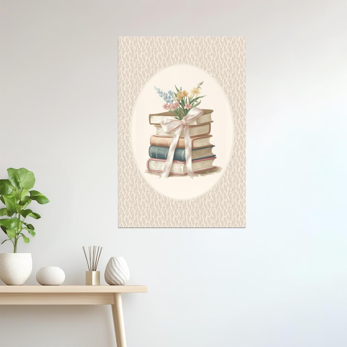 Vintage Book Stack with Wildflowers and Ribbon | Bookish Floral Aesthetic Poster