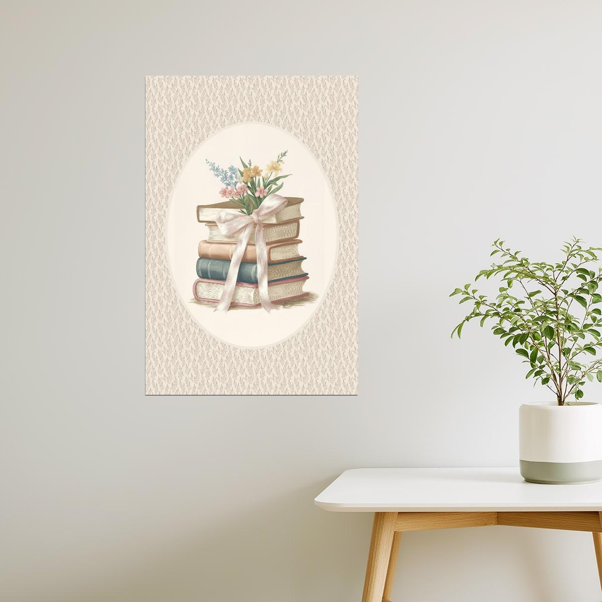 Vintage Book Stack with Wildflowers and Ribbon | Bookish Floral Aesthetic Poster