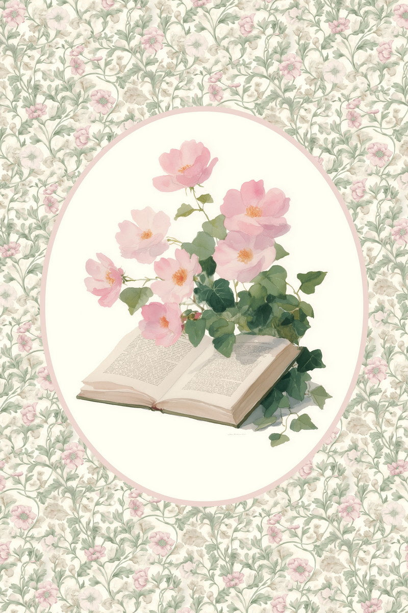 Open Book with Pink Flowers | Bookish Vintage Floral Aesthetic Poster