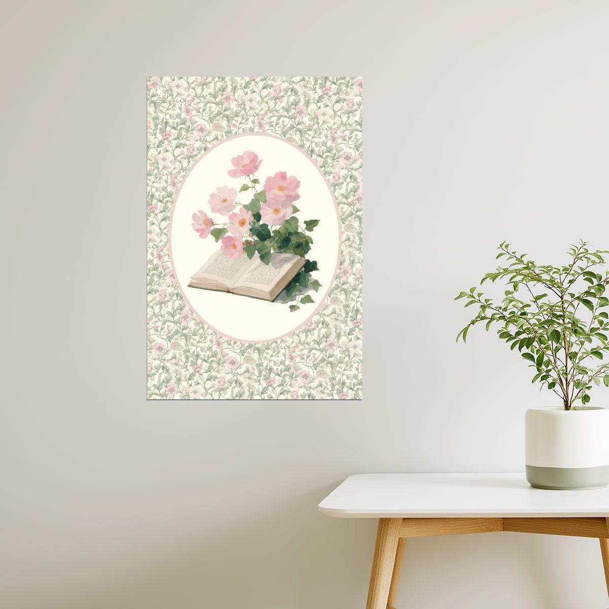 Open Book with Pink Flowers | Bookish Vintage Floral Aesthetic Poster