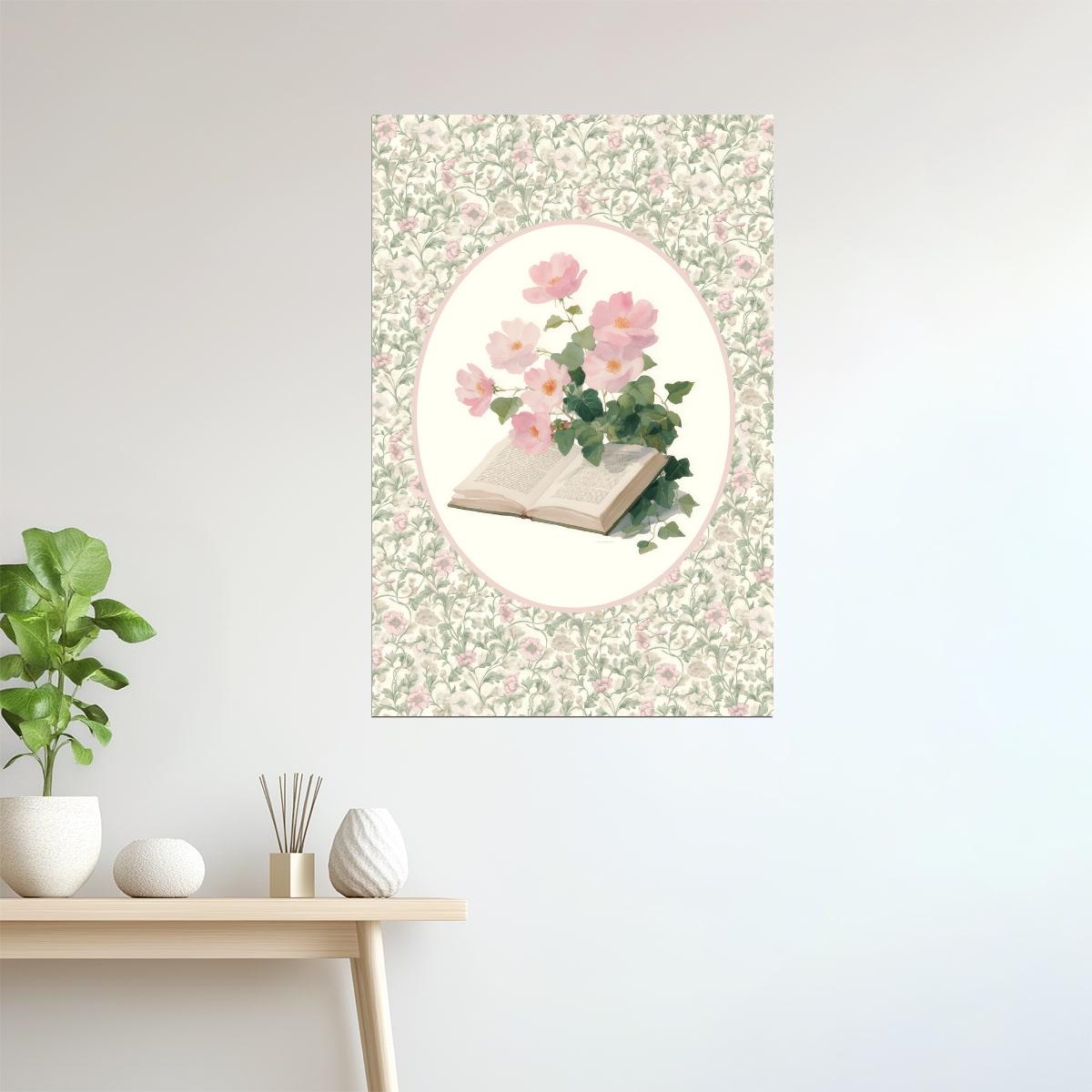 Open Book with Pink Flowers | Bookish Vintage Floral Aesthetic Poster