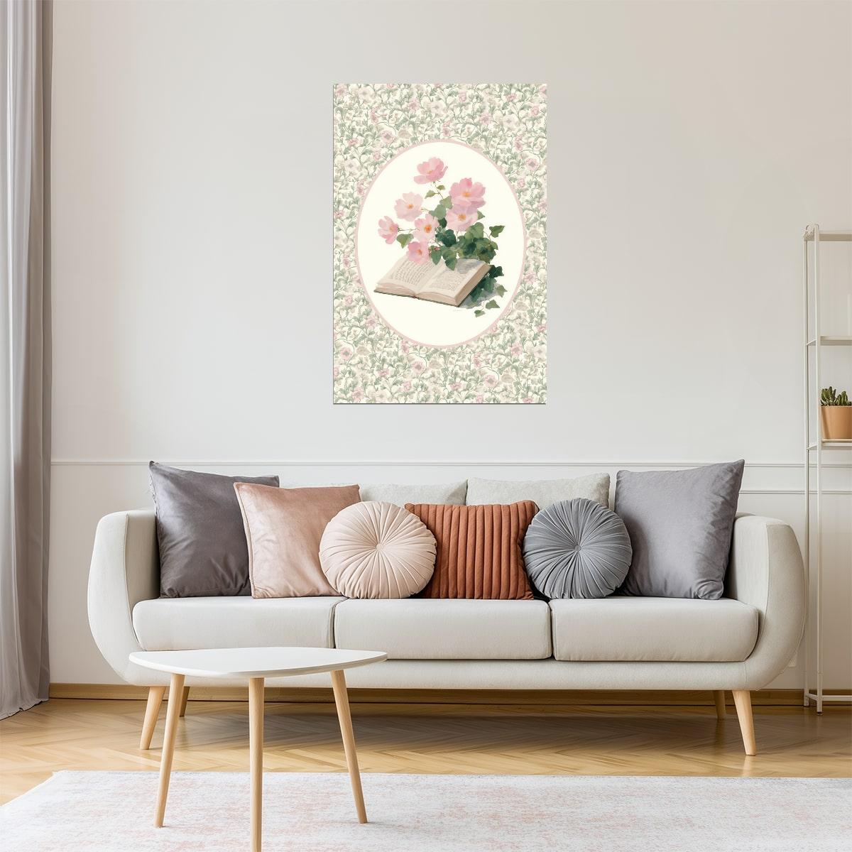 Open Book with Pink Flowers | Bookish Vintage Floral Aesthetic Poster